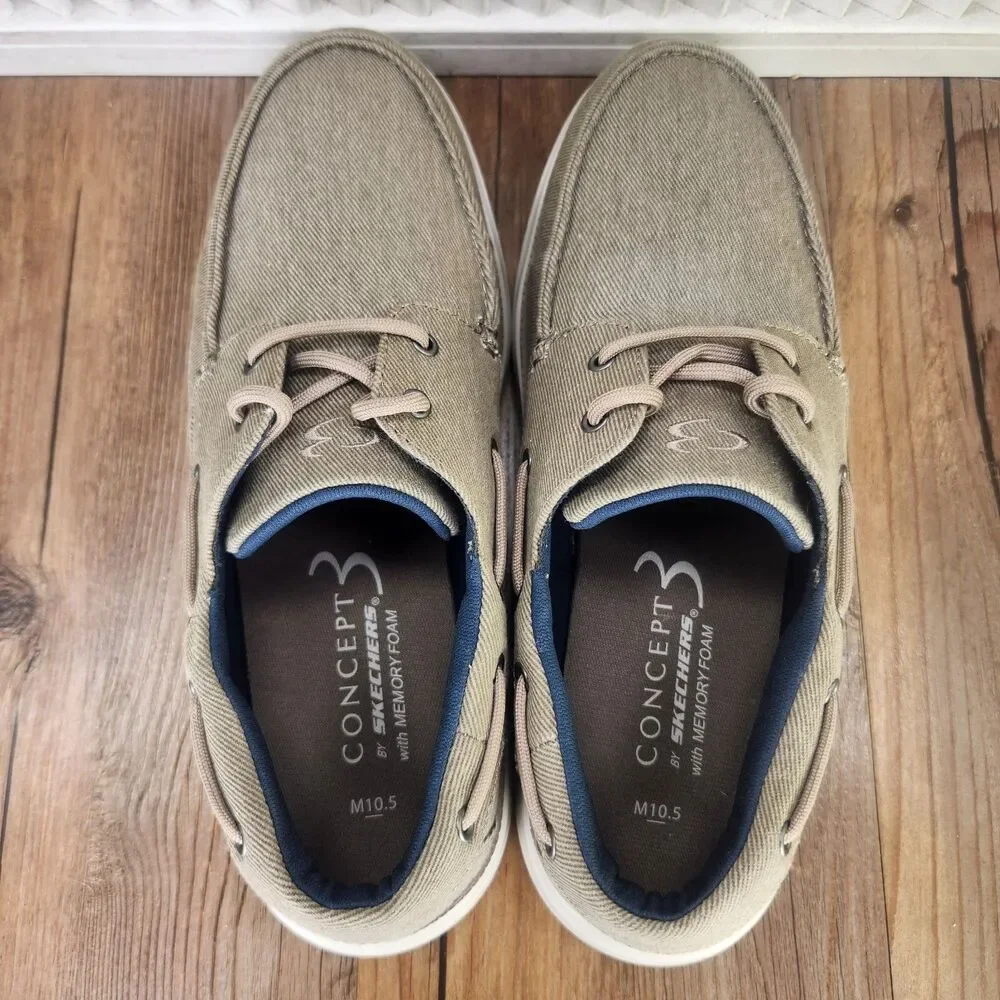 Skechers Concept 3 Men Sz 10.5 Khaki Canvas Memory Foam Casual Boat Shoes 244005